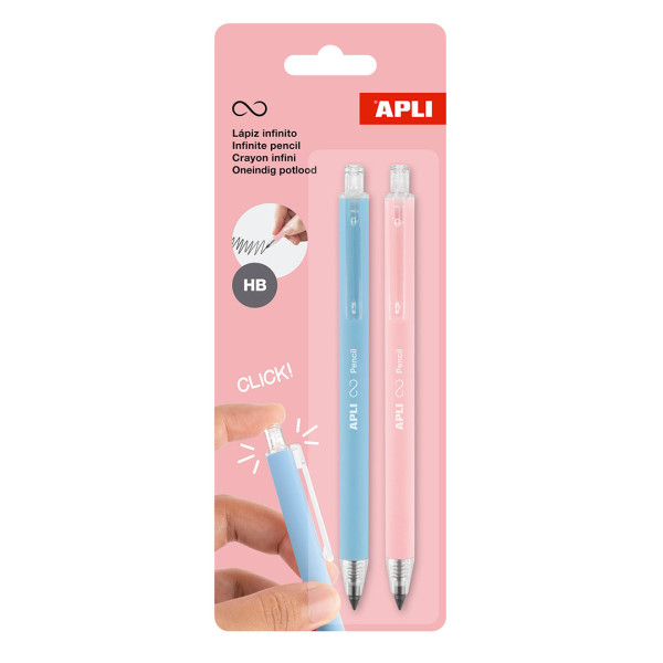 Lot de 2 Crayons graphite - HB - Bleu ciel et rose - Rétractable - Mine infinie - Ne se taille pas - Facile à effacer - Apli