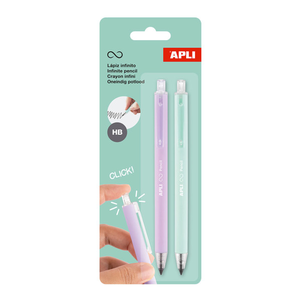 photo - Lot de 2 Crayons graphite - HB - Vert et mauve - Rétractable - Mine infinie - Ne se taille pas - Facile à effacer - Apli