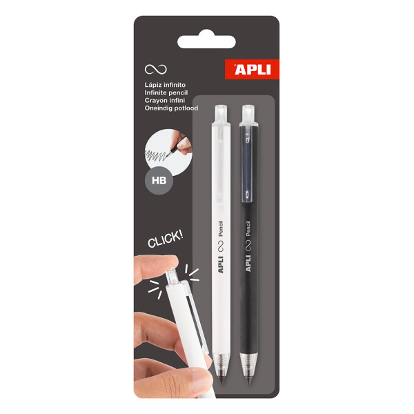 photo - Lot de 2 Crayons graphite - HB - Noir et blanc - Rétractable - Mine infinie - Ne se taille pas - Facile à effacer - Apli