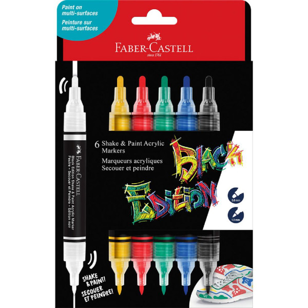 photo - 6 Marqueurs acryliques - Couleurs basiques - Multi-supports - Double pointes - Faber-castell - Black Edition