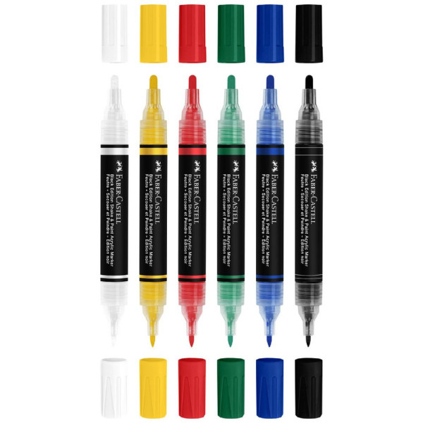 6 Marqueurs acryliques - Couleurs basiques - Multi-supports - Double pointes - Faber-castell - Black Edition - Shake&Paint