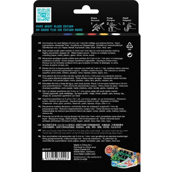 6 Marqueurs acryliques - Couleurs basiques - Multi-supports - Double pointes - Faber-castell - Black Edition - Shake&Paint
