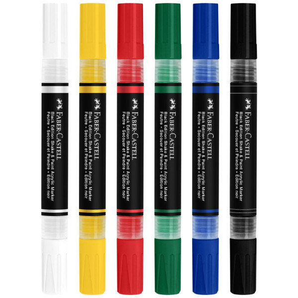 6 Marqueurs acryliques - Couleurs basiques - Multi-supports - Double pointes - Faber-castell - Black Edition - Shake&Paint