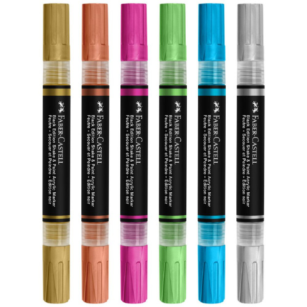 6 Marqueurs acryliques - Couleurs métallisées - Multi-supports - Double pointes - Faber-castell - Black Edition - Shake&Paint