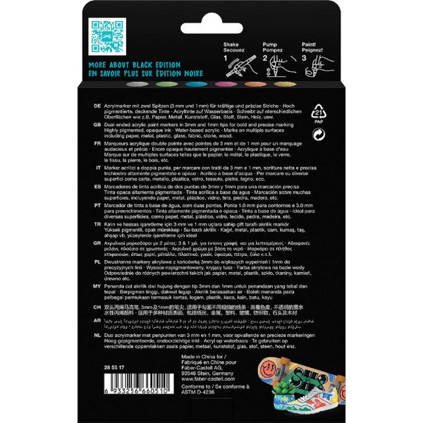 6 Marqueurs acryliques - Couleurs métallisées - Multi-supports - Double pointes - Faber-castell - Black Edition - Shake&Paint