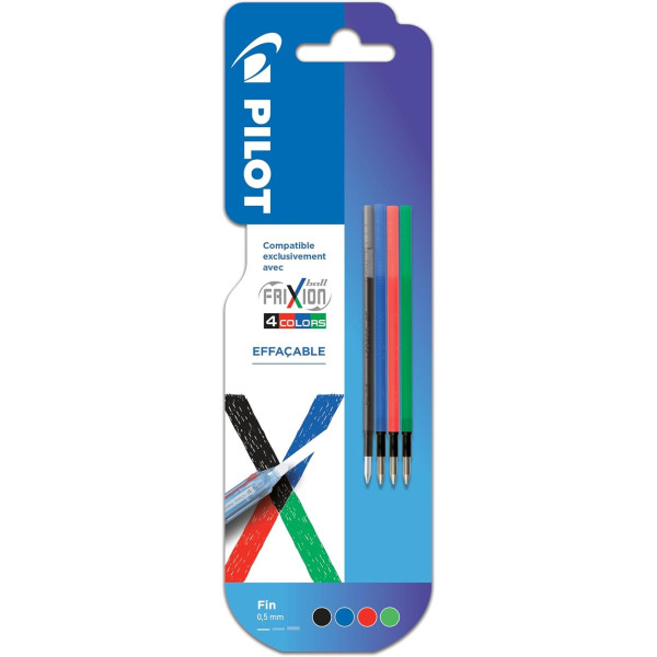 photo - Lot de 4 recharges - FriXion 4 couleurs - Assortiment - Pointe fine 0,5mm - Pilot