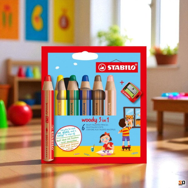 Etui carton de 6 crayons de couleur STABILO woody 3 in 1 + 1 taille-crayon