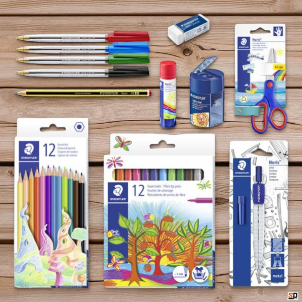 Kit de rentrée des classes - Staedtler - Ciseaux - Crayons - Feutres - Colle - Gomme - Stylos - Compas - Taille-crayon