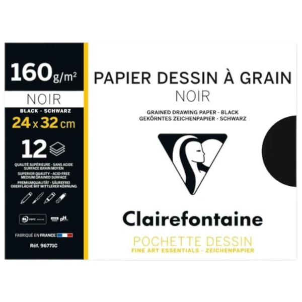 photo - Papier dessin - 24x32cm - Noir à grain - Sans acide - 12 feuilles - 160g - Clairefontaine