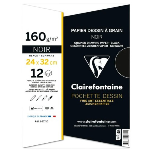 Papier dessin - 24x32cm - Noir à grain - Sans acide - 12 feuilles - 160g - Clairefontaine