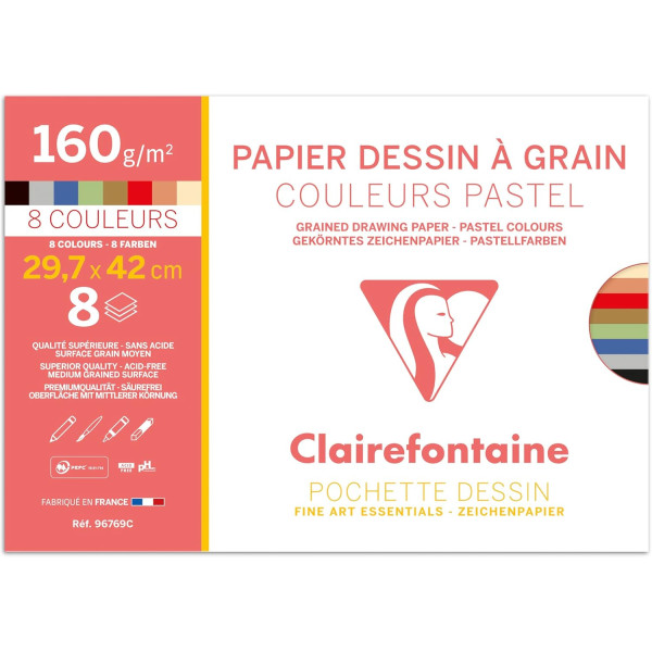 photo - Papier dessin à grain - A3 29,7x42cm - Couleurs pastel - Sans acide - 8 feuilles - 160g - Clairefontaine