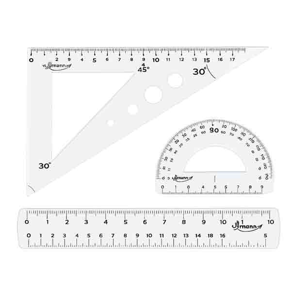 photo-Set de traçage - Double décimètre - Règle 20 cm - Rapporteur - Equerre - Incassable