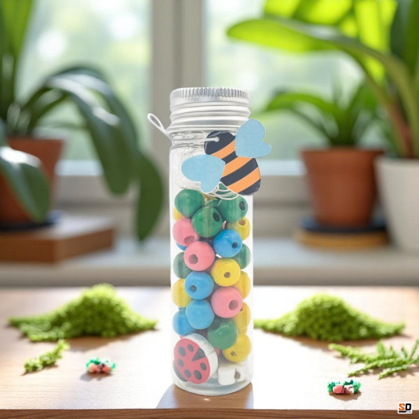 Perles en bois - Tons bleu, jaune, vert et rose + fil transparent - Tube de 15g