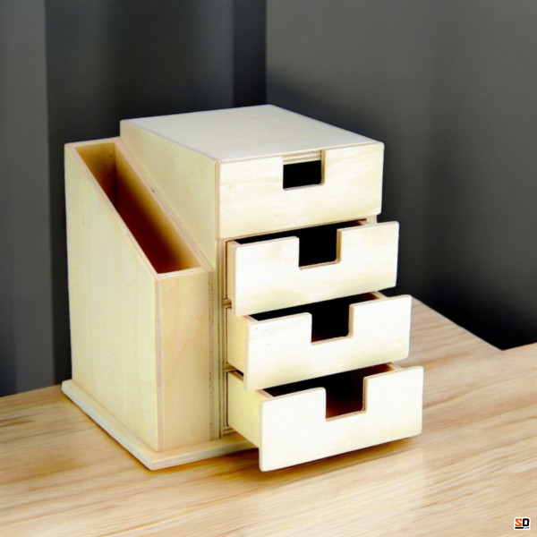 Organiseur de bureau - 4 tiroirs + 1 pot crayon - Bois - A décorer - 15x15,5x12,5cm