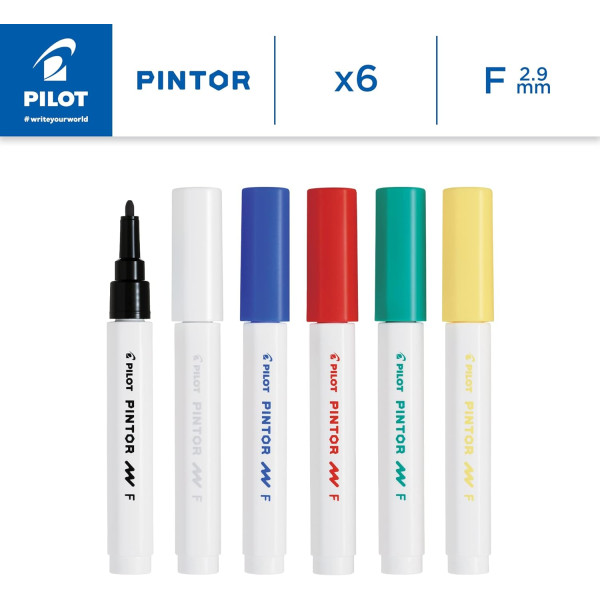 Marqueurs - A base d'eau - Tous supports - Couleurs classiques - 6 teintes - Pointe fine - Pilot Pintor