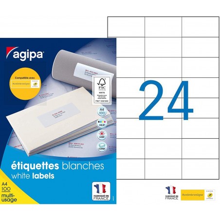 photo-2400 étiquettes - Blanches - 70x37mm - Agipa 119015 - Copieur, laser, jet d'encre