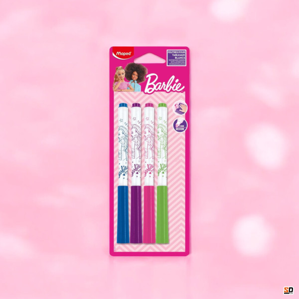 4 feutres effaçables à sec - Pour ardoise - Pointe moyenne - Bleu, vert, rose, violet - Barbie x Maped