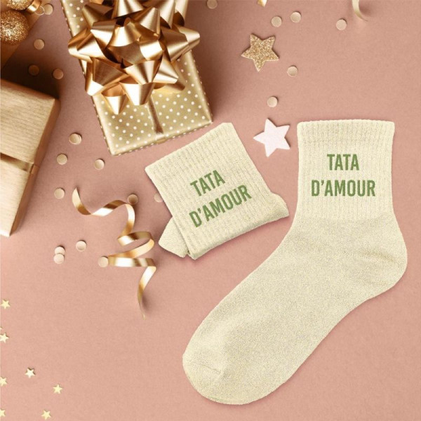 Chaussettes - Femme - Beige avec paillettes - Tata d'amour - Taille 36/42 - Humour - Cadeau