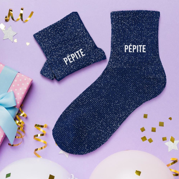 Chaussettes - Femme - Bleu avec paillettes - Pépite - Taille 36/42 - Humour - Cadeau