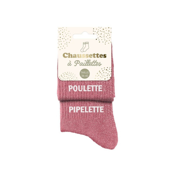 Chaussettes - Femme - Rose avec paillettes - Poulette pipelette - Taille 36/42 - Humour - Cadeau