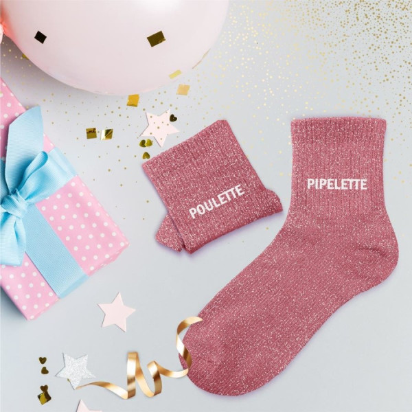 Chaussettes - Femme - Rose avec paillettes - Poulette pipelette - Taille 36/42 - Humour - Cadeau