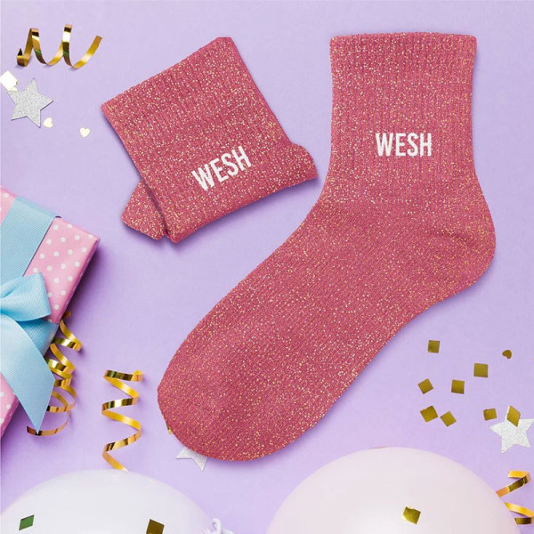 Chaussettes - Femme - Rose avec paillettes - Wesh - Taille 36/42 - Humour - Cadeau