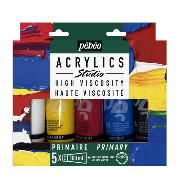 photo-Peinture acrylique - Haut viscosité - Coffret 5 tubes 100ml - Couleurs primaires - Pébéo Studio