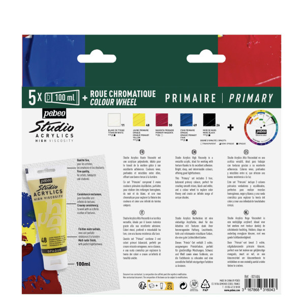 Peinture acrylique - Haut viscosité - Coffret 5 tubes 100ml - Couleurs primaires - Pébéo Studio
