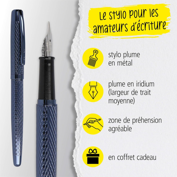 Stylo plume et stylo roller - Rechargeable - Avec étui - Pointe médium - Online - Métal - Bleu nuit