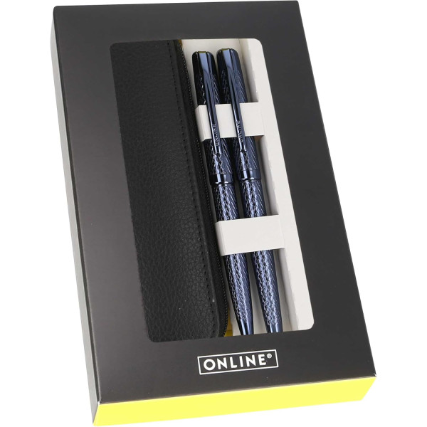 Stylo plume et stylo roller - Rechargeable - Avec étui - Pointe médium - Online - Métal - Bleu nuit