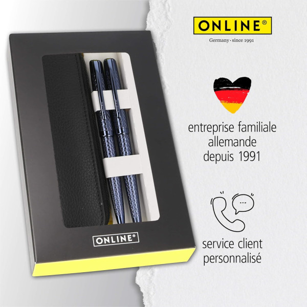 Stylo plume et stylo roller - Rechargeable - Avec étui - Pointe médium - Online - Métal - Bleu nuit