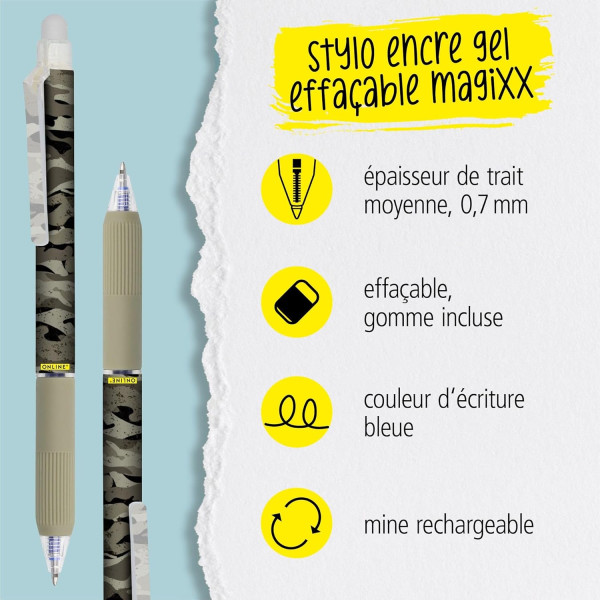 Stylo gel - Encre bleue effaçable - Rechargeable - Pointe moyenne - Avec gomme - Online MagiXX