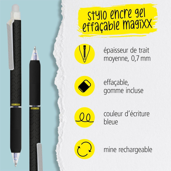 Stylo gel - Encre bleue effaçable - Rechargeable - Pointe moyenne - Avec gomme - Online MagiXX