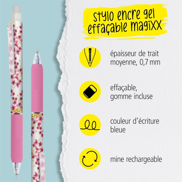 Stylo gel - Encre bleue effaçable - Rechargeable - Pointe moyenne - Avec gomme - Online MagiXX