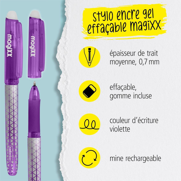Stylo gel - Encre bleue effaçable - Rechargeable - Pointe moyenne - Avec gomme - Online MagiXX