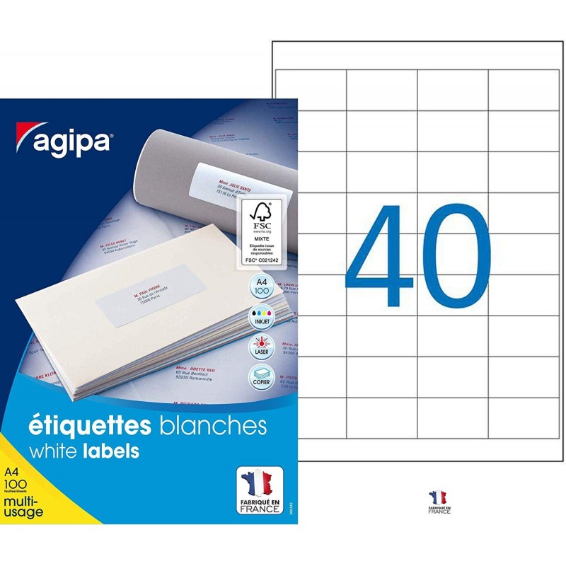 photo-4000 étiquettes - Blanches - 48,5x25,4mm - Agipa 118991 - Copieur, laser, jet d'encre