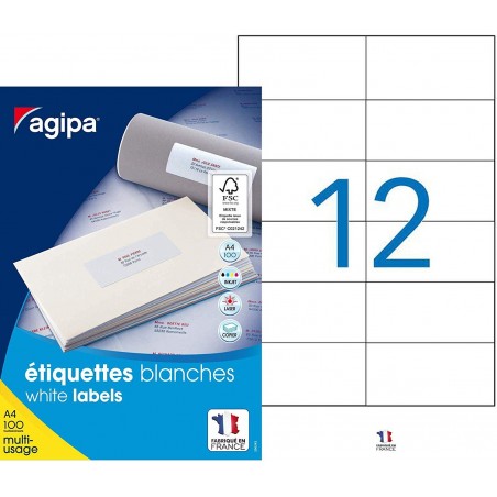 photo-1200 étiquettes - Blanches - 105x49,39mm - Agipa 101032 - Copieur, laser, jet d'encre
