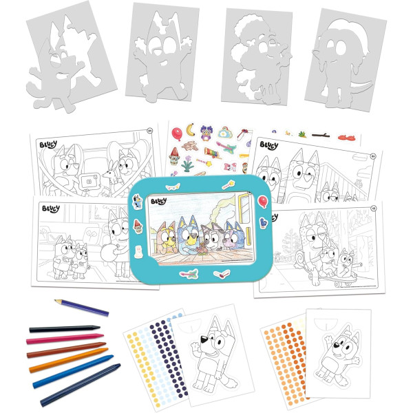 Jeu créatif - Bluey - Coloriage, collage - 6 modèles + gommettes + crayons - Dès 3 ans