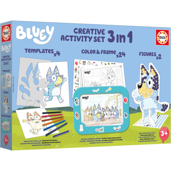 Jeu créatif - Bluey - Coloriage, collage - 6 modèles + gommettes + crayons - Dès 3 ans