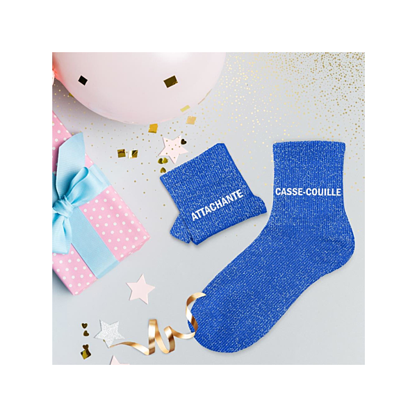 Chaussettes - Femme - Bleu avec paillettes - Attachante - Casse couille - Taille 36/42 - Humour - Cadeau