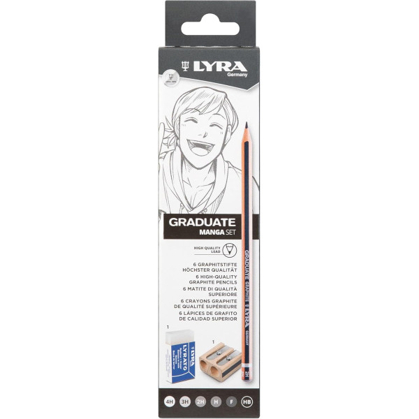 photo-Crayons graphite - 6 modèles - 4H,3H,2H,H,F et HB - Gomme + taille-crayon - Lyra