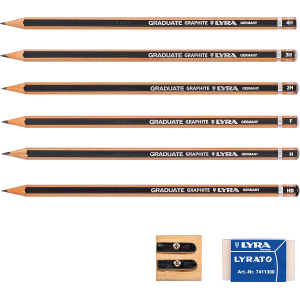 Crayons graphite - 6 modèles - 4H,3H,2H,H,F et HB - Gomme + taille-crayon - Lyra