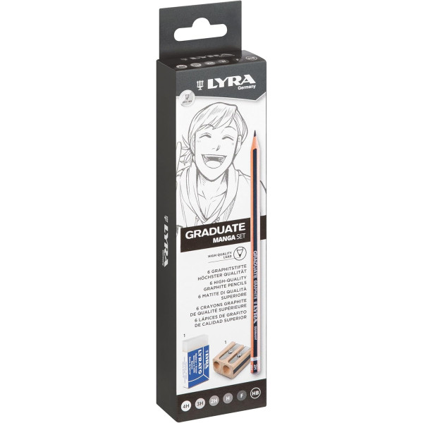 Crayons graphite - 6 modèles - 4H,3H,2H,H,F et HB - Gomme + taille-crayon - Lyra