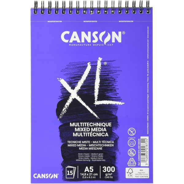 photo-Bloc - Multi techniques - A5 - 300g - 15 feuilles - Spirale - Grain moyen - Canson XL