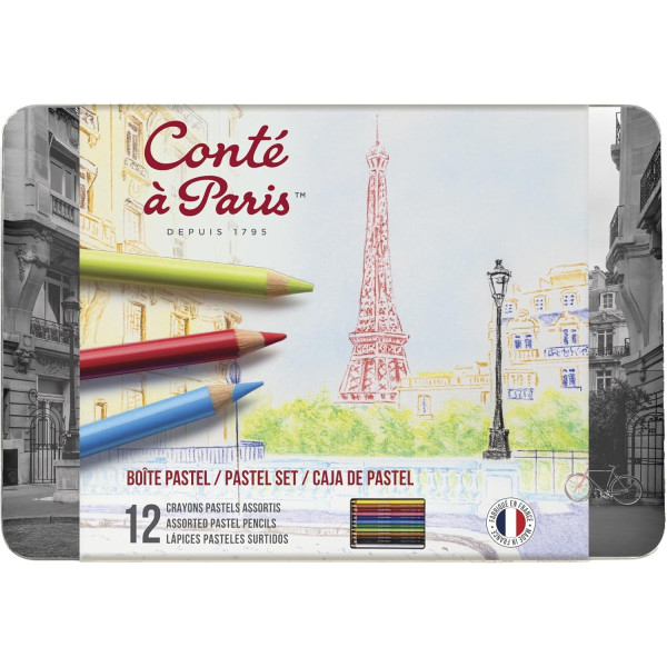 photo-Crayons pastel - Boîte métal de 12 couleurs - Dessin - Esquisse - Conté à Paris