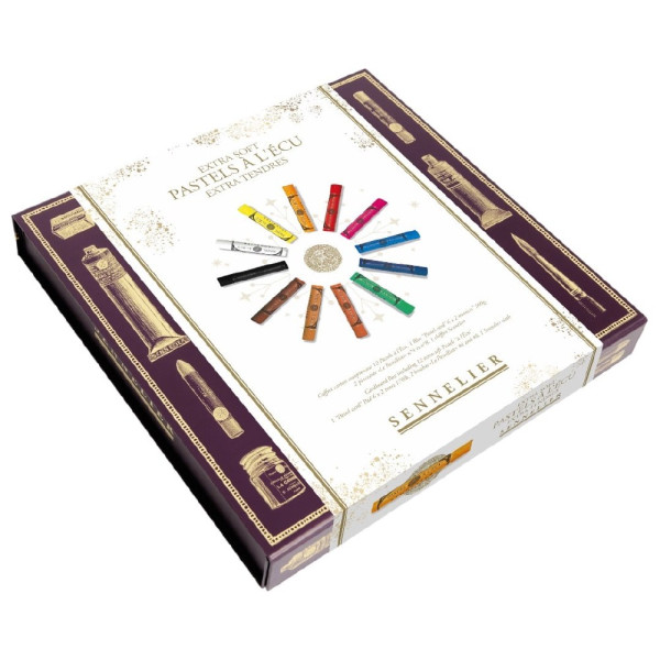 photo-Pastels à l'écu - Extra tendres - Coffret 12 couleurs + 1 bloc + 2 pinceaux + chiffon - Sennelier