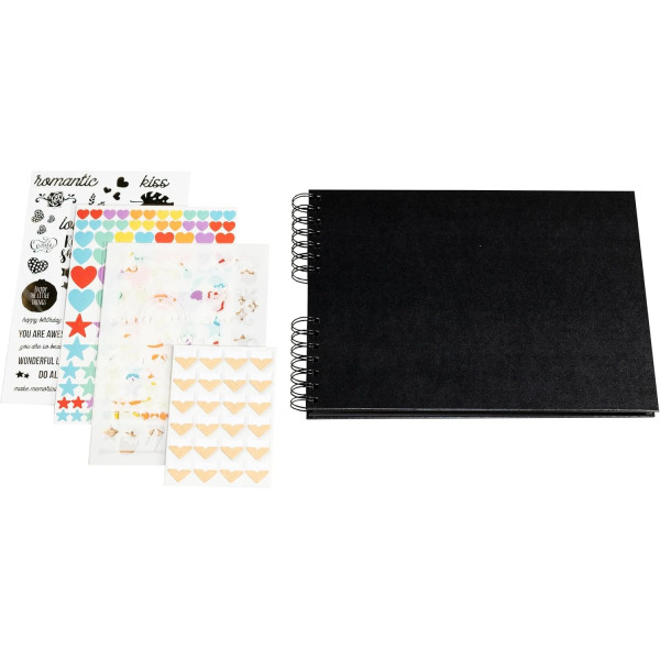 photo-Album scrapbooking - A personnaliser - 32x22cm - Noir - 70 pages noires - Stickers inclus