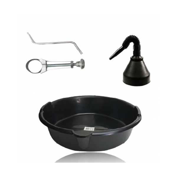 photo-Kit pour faire une vidange - Voiture - Moto - 4 pièces - Entonnoir, clé filtre, clé vidange et bac