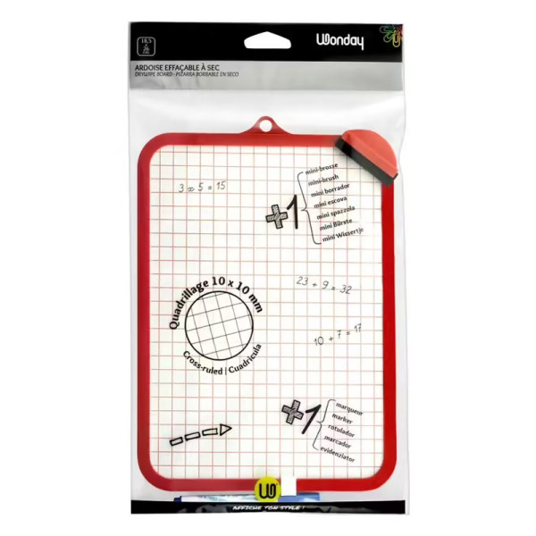 photo-Ardoise - Blanche - 2 faces - 25x17,5cm - Effaceur + feutre inclus - Cadre rouge - Scolaire - Wonday