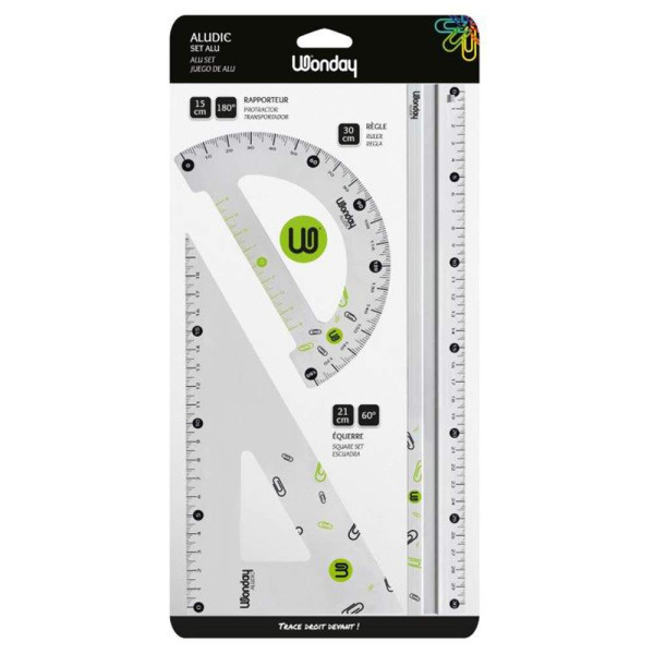 photo-Set de traçage - Règle 30cm - Equerre 60° - Rapporteur - Aluminium - Scolaire - Wonday